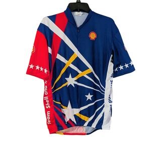 VOmax Shell Oil Motiva Cycling Jersey Mens XL Blue‎ Red Stars Quarter Zip USA